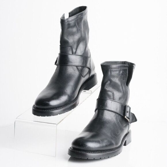 Frye Womens Natalie Engineer Black Leather Bootie Mid-Calf Boots US 6.5 EU 37 - Picture 1 of 8